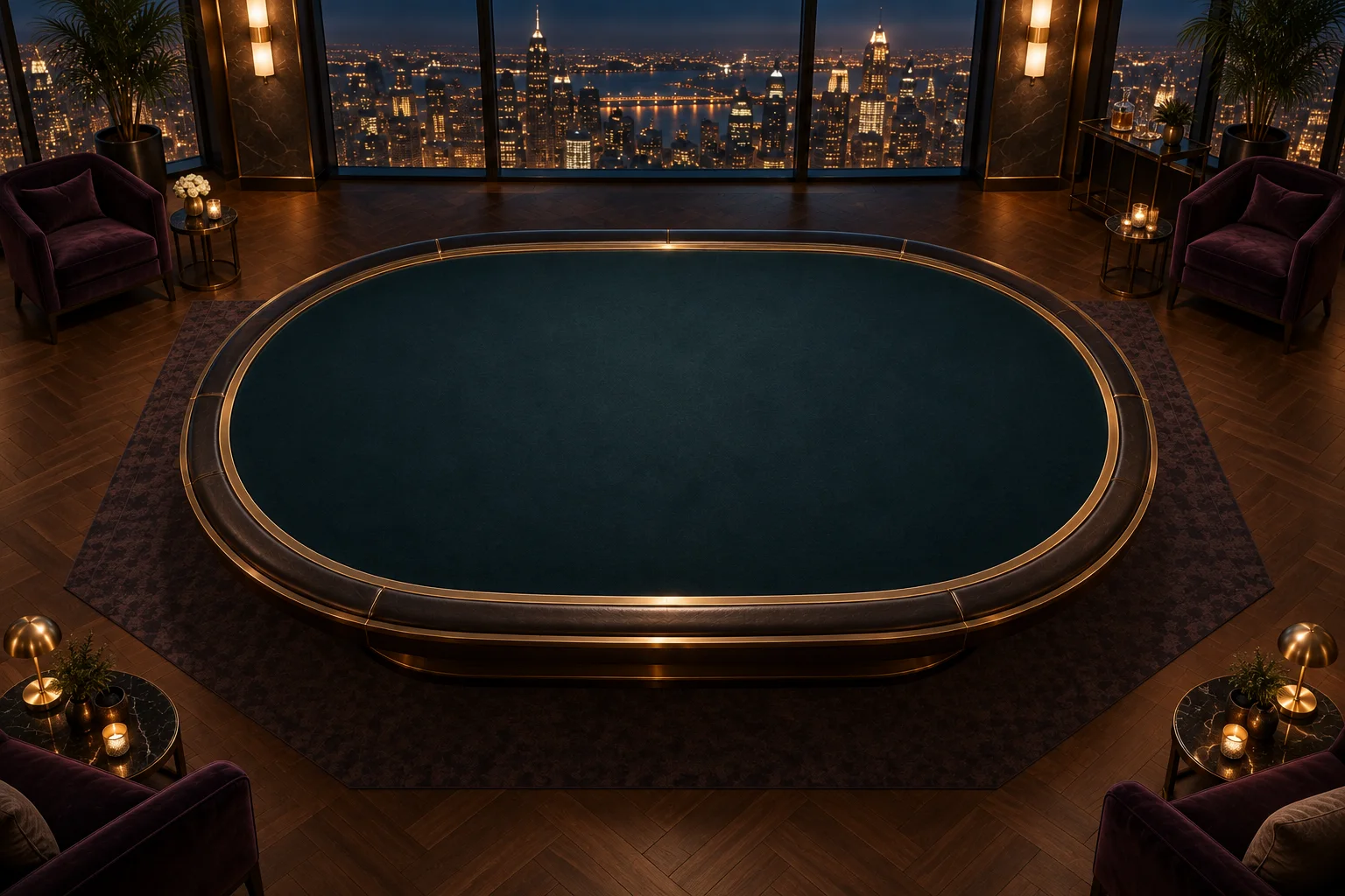 PokerGala table artwork in a warm penthouse lounge